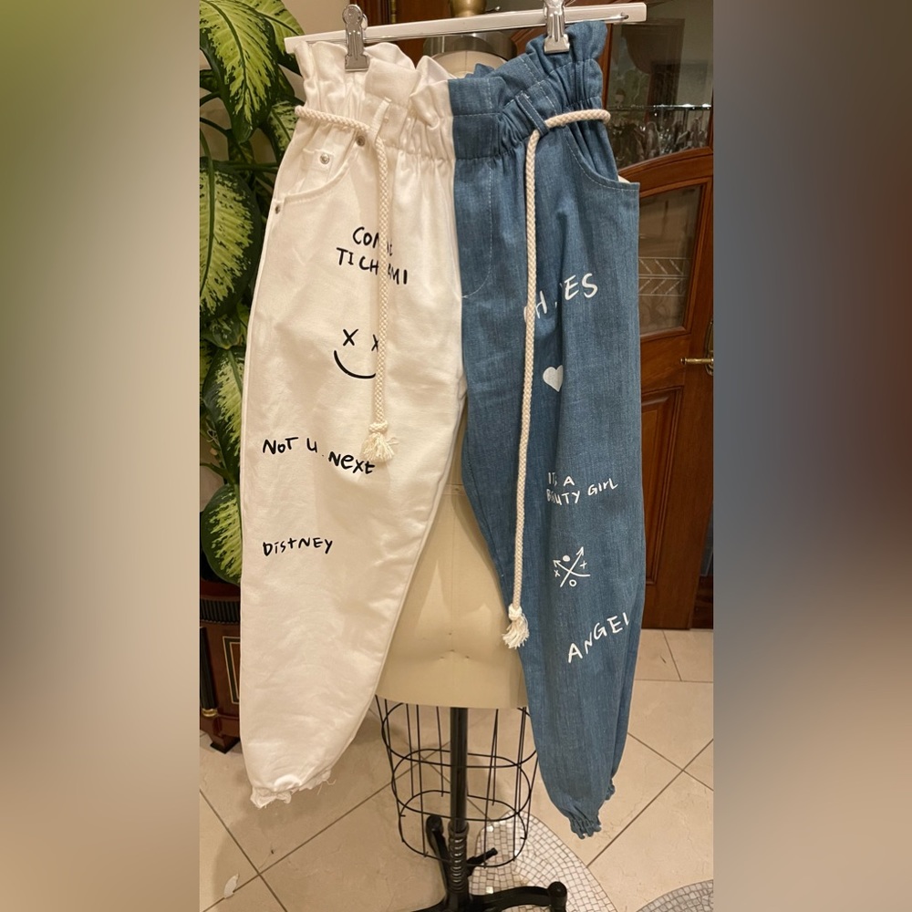 Italian made white/blue elastic waist banana pants sz S